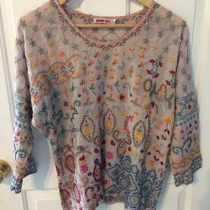 JOHNNY WAS Zora Embroidered Floral Blouse Top Medium